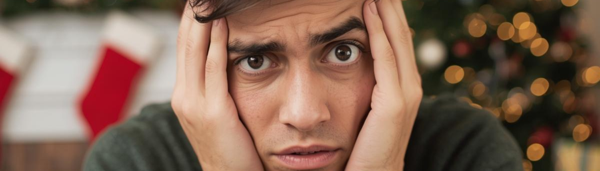 A man with his hands on his face looking stressed with a Christmas tree and stockings in the background