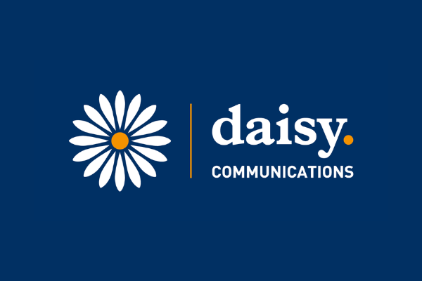 Blue background with illustration of white flower and letters saying daisy communications