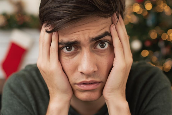 A man with his hands on his face looking stressed with a Christmas tree and stockings in the background